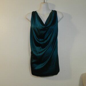 Dark emerald green Grecian cowl neckline sleeveless satiny longline blouse